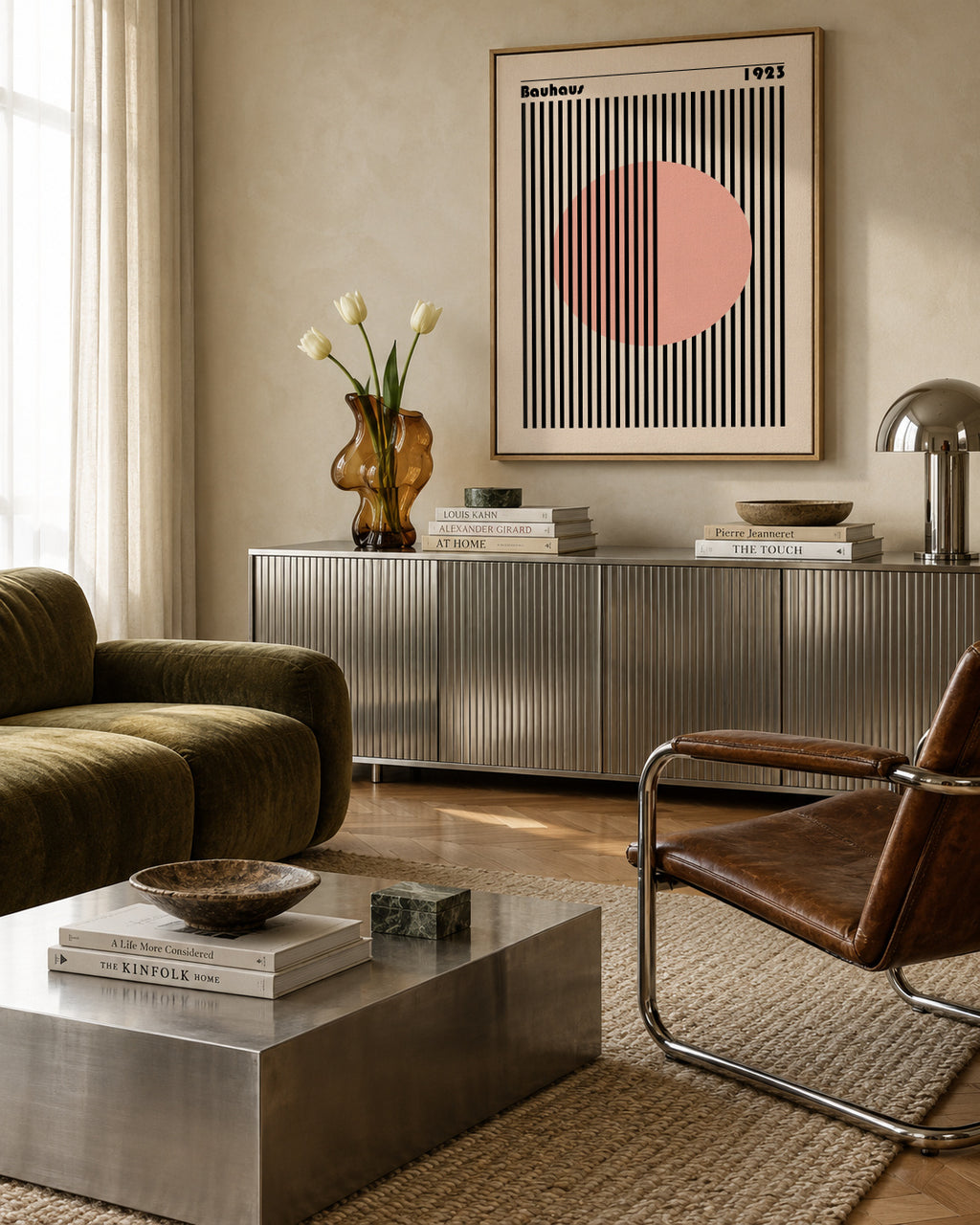 Bauhaus Pink Circle - Framed canvas in an interior