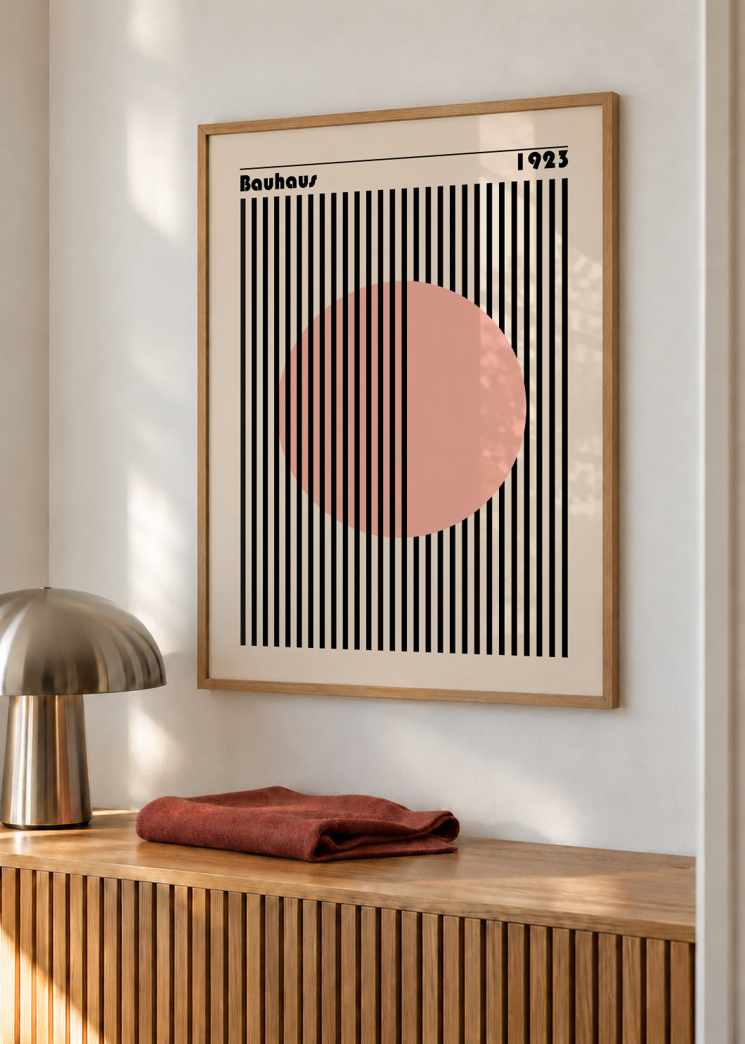 Bauhaus Pink Circle - Framed poster in an interior