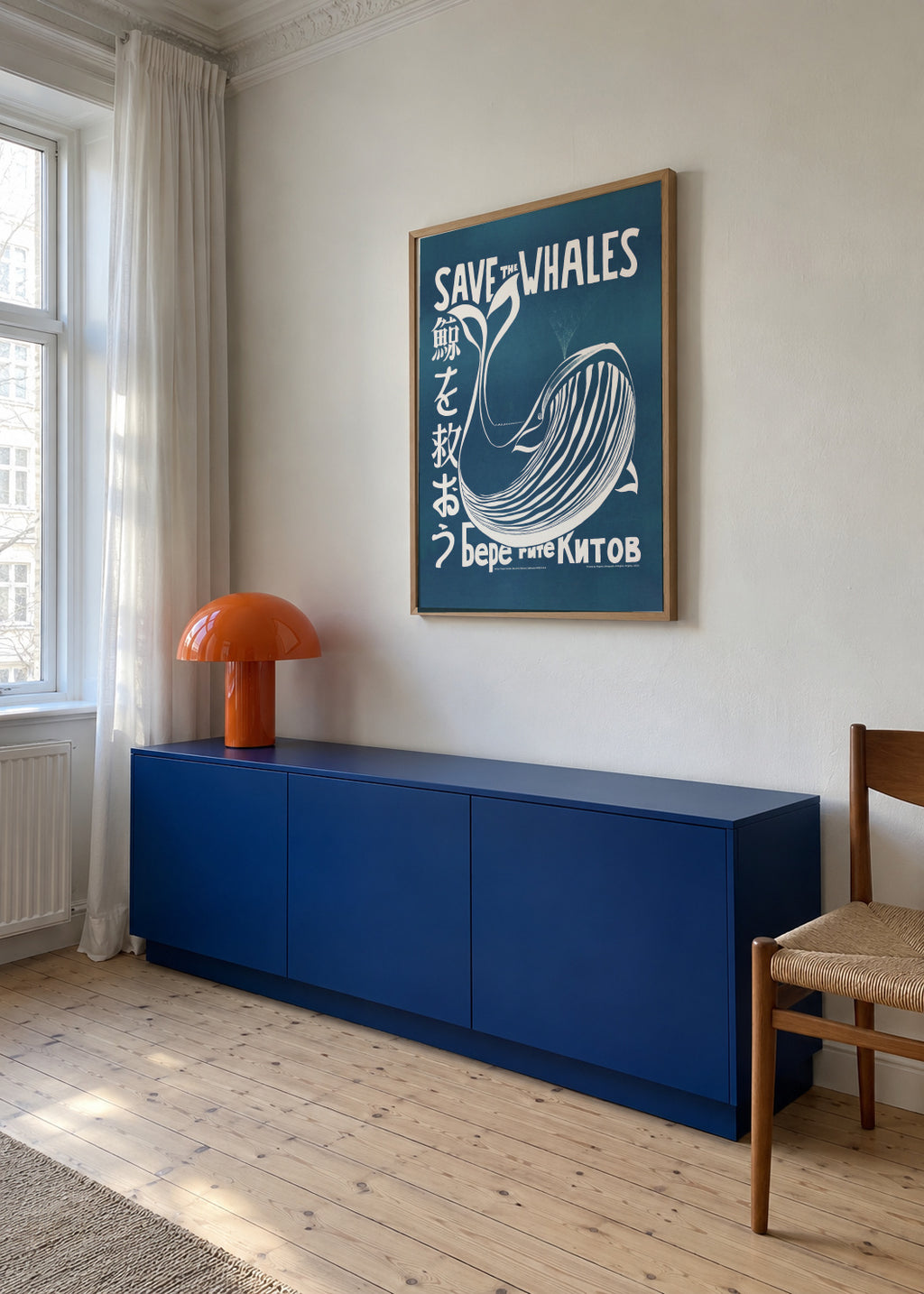 Save the whales (1973) vintage poster by Vint Lawrence - Framed poster in an interior
