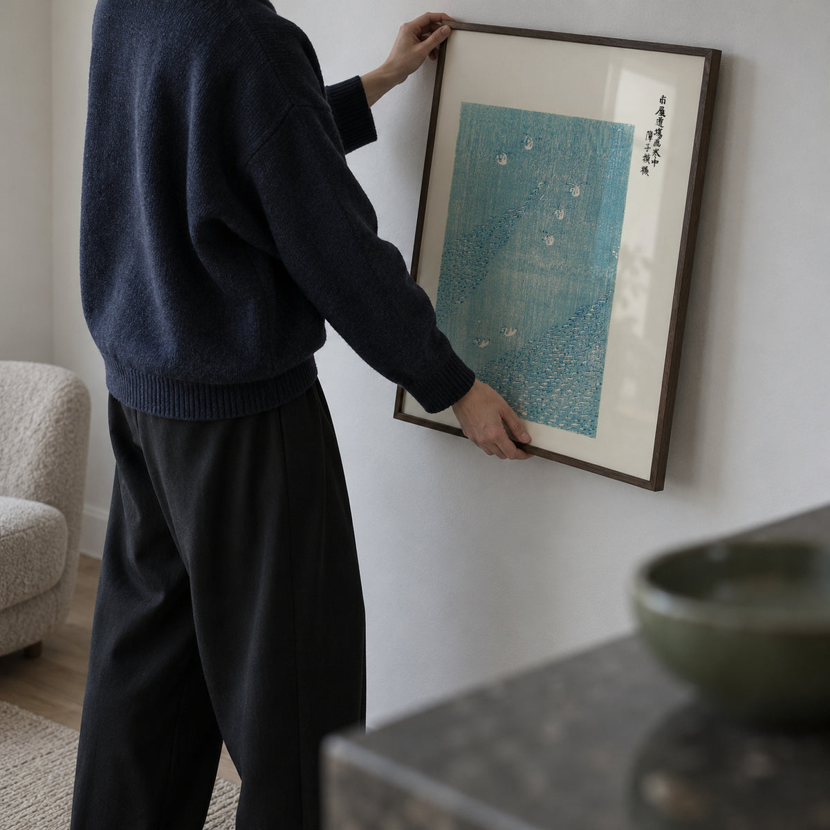 Blue Birds Woodblock print from Yatsuo no tsubaki by Taguchi Tomoki - Framed poster in an interior