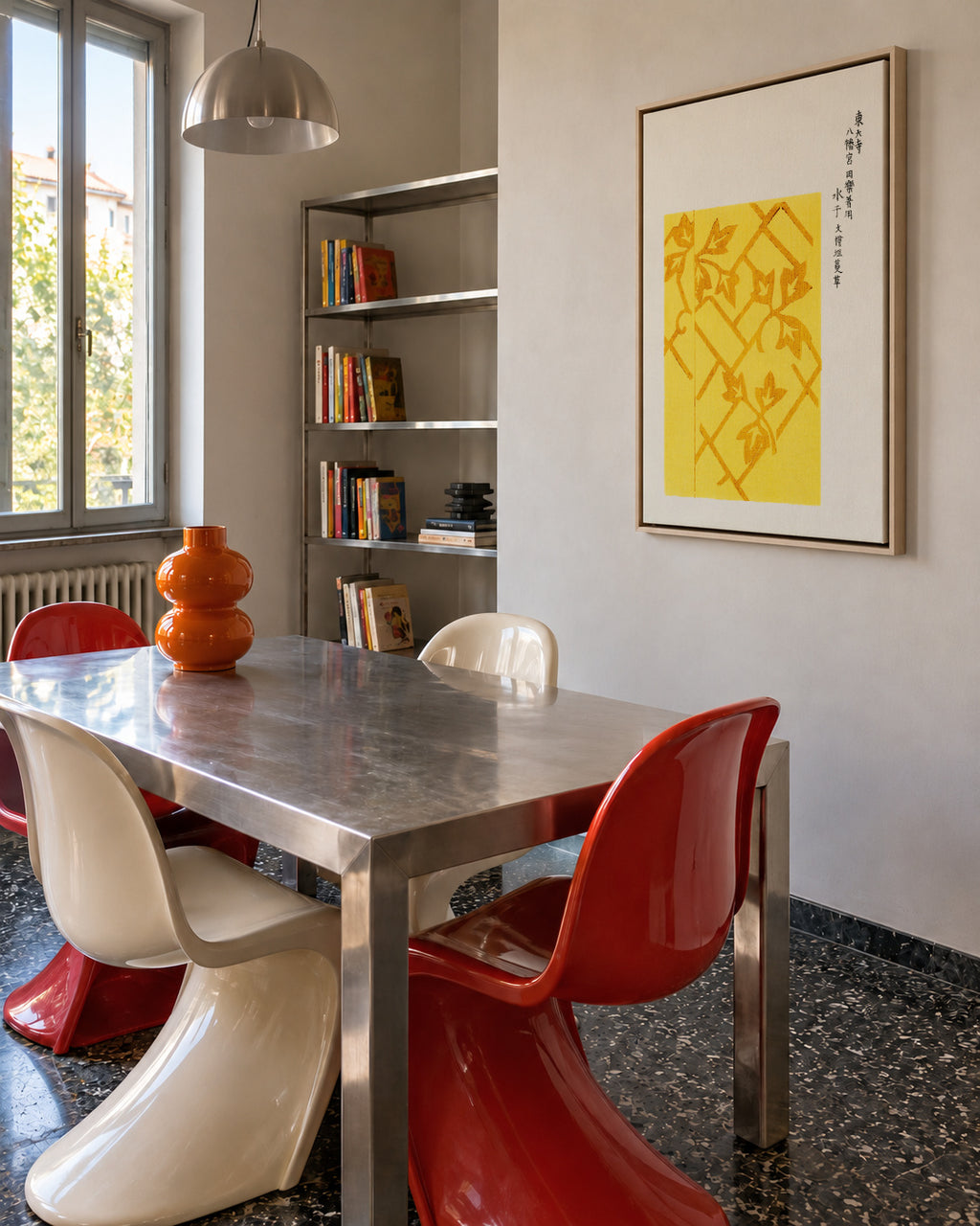 Yellow Woodblock print from Yatsuo no tsubaki by Taguchi Tomoki - Framed canvas in an interior