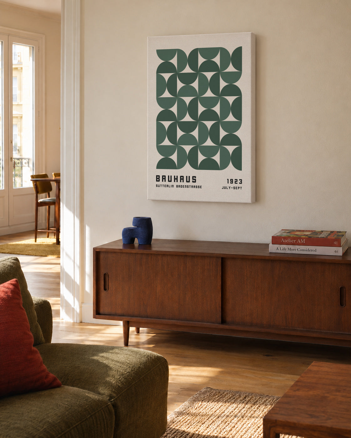 Bauhaus Green Exhibition Poster - Unframed canvas in an interior