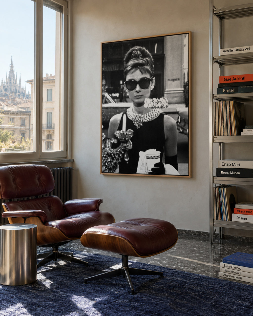 Audrey Hepburn in Breakfast at Tiffany vintage photograph. - Framed canvas in an interior