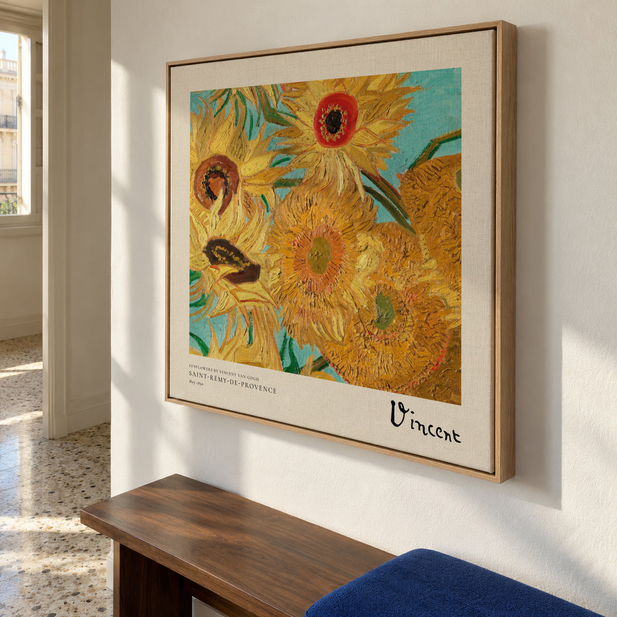 Sunflowers by Vincent van Gogh - Square - Framed canvas in an interior