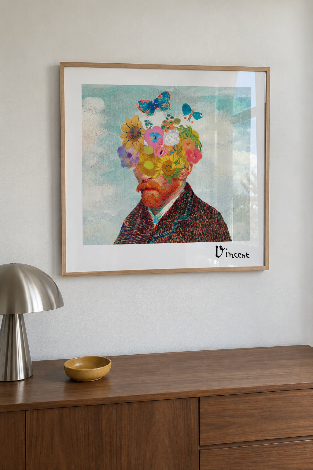 Vincent van Gogh inspired self-portrait & flower remixed - Square - Framed poster in an interior