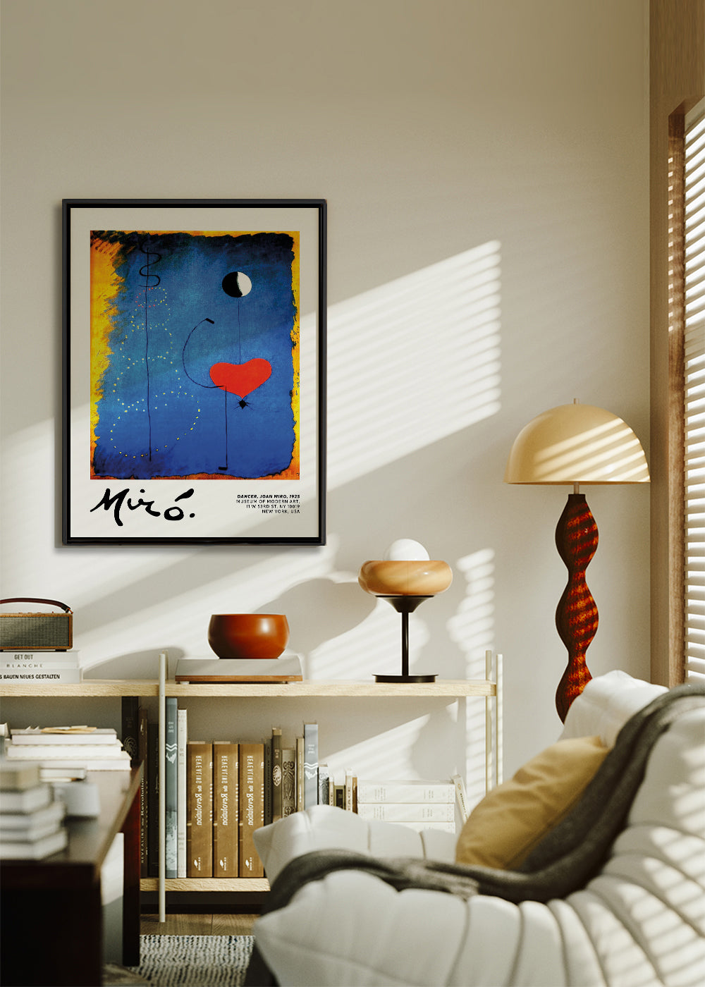 Abstract artwork with red heart and moon on a blue field | Wall