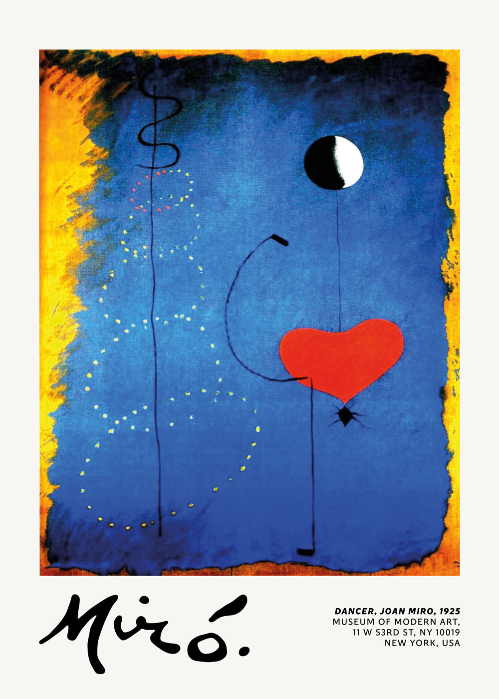 Abstract artwork with red heart and moon on a blue field | Wall