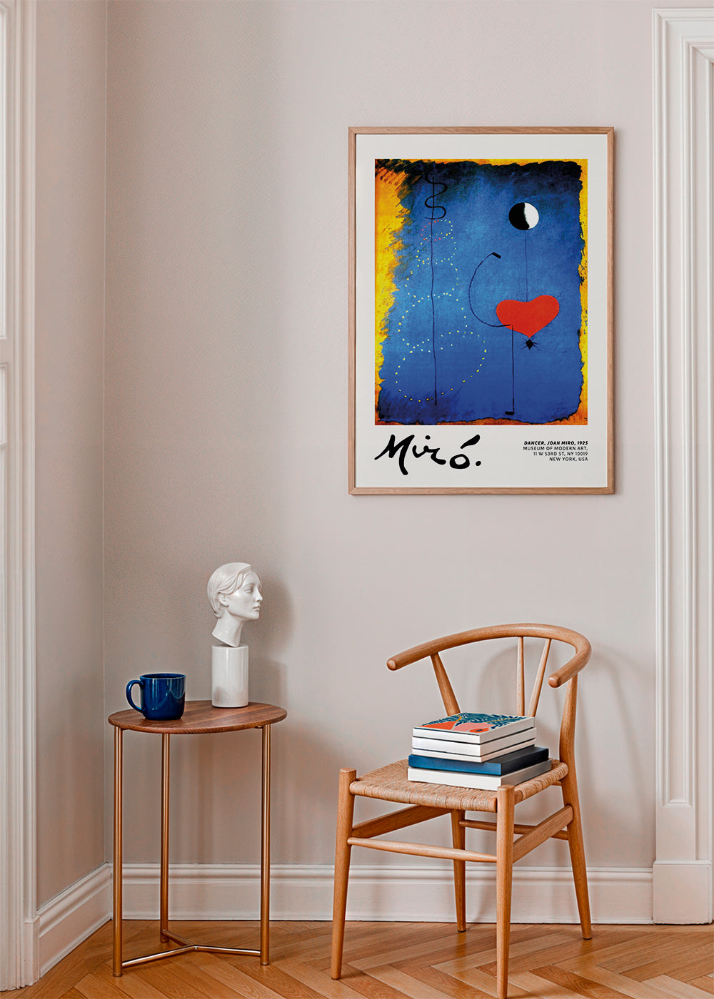 Abstract artwork with red heart and moon on a blue field | Wall