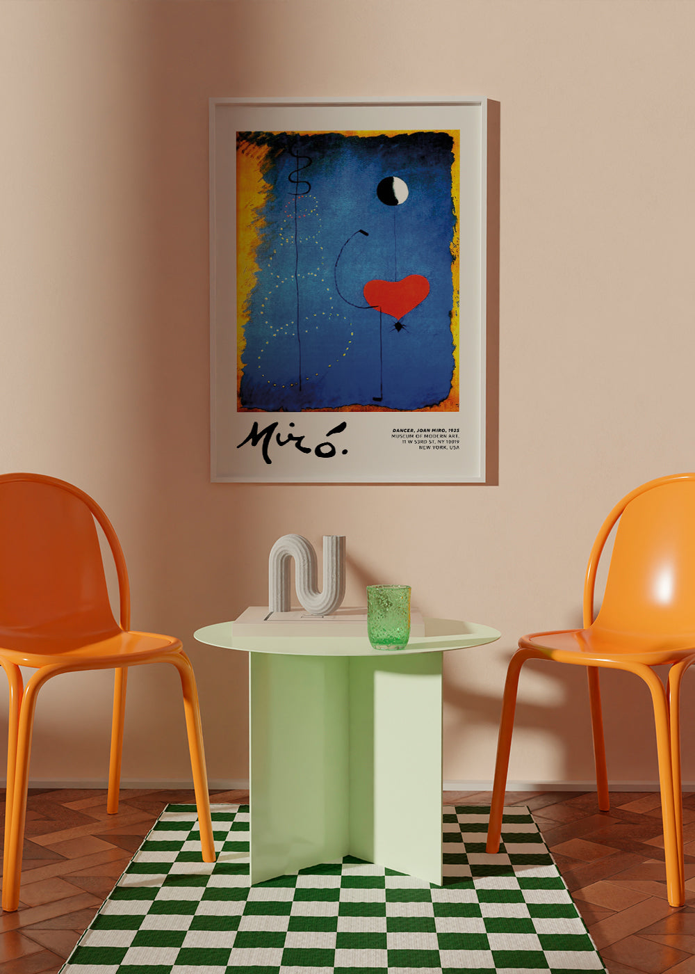 Abstract artwork with red heart and moon on a blue field | Wall