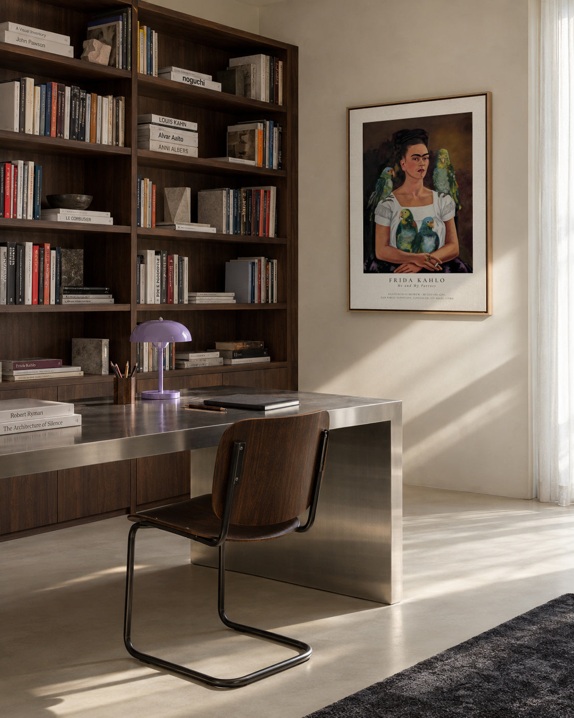 Frida Kahlo, Me and My Parrots - Framed canvas in an interior