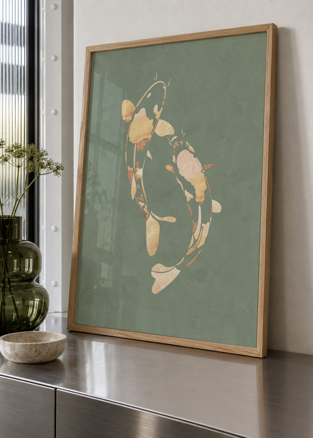 Gold Koi Fish sage green 1 - Framed poster in an interior