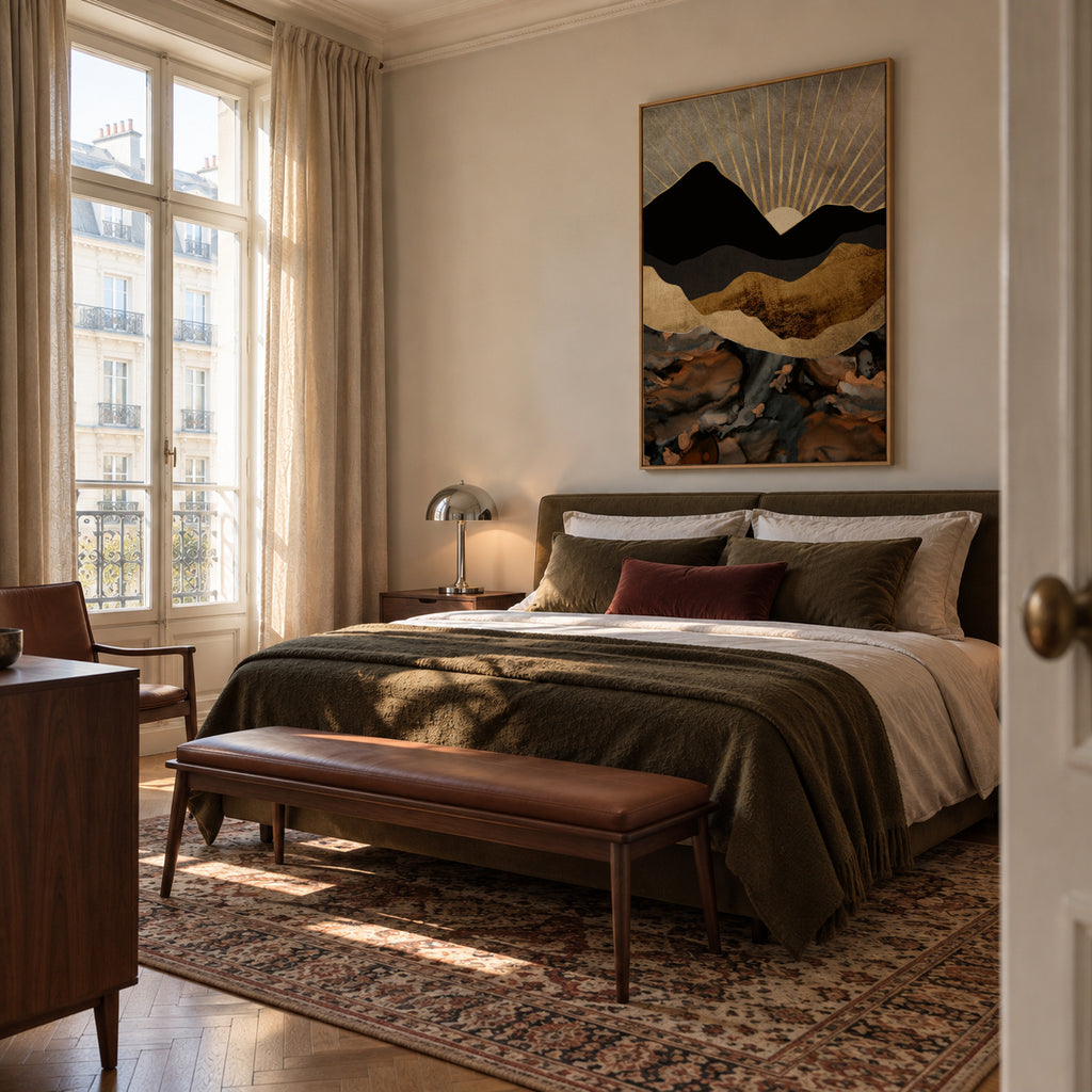 Copper and Gold Mountains - Framed canvas in an interior