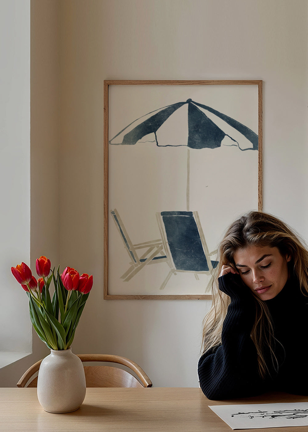 Blue Umbrella and Chairs - Framed poster in an interior