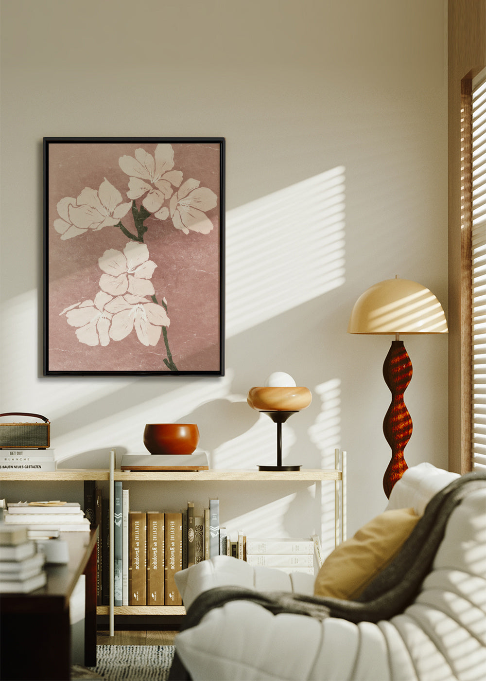 Pink Blossom III - Framed canvas in an interior