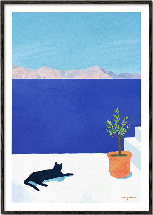 Landscape art Black cat - siesta on the roof