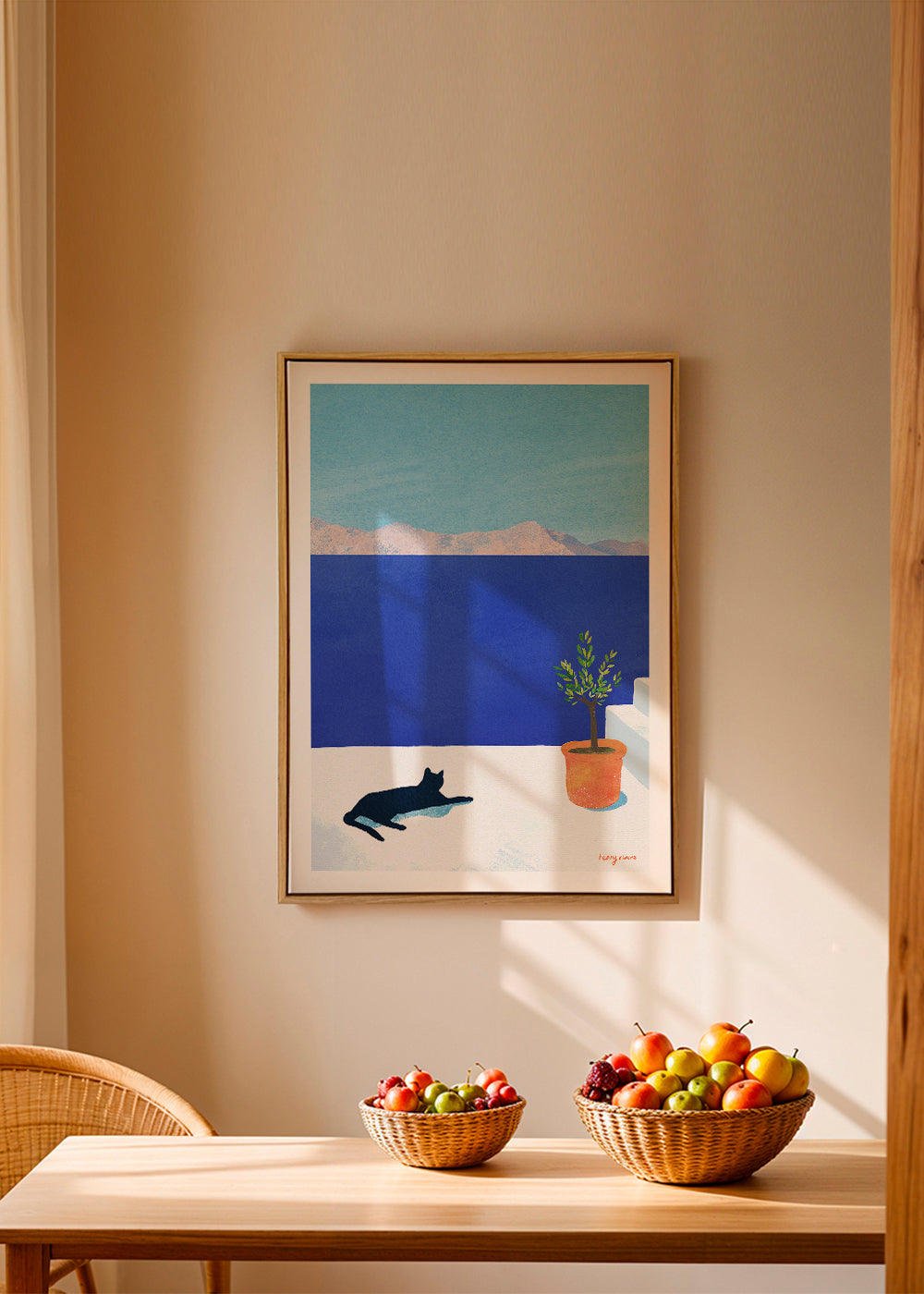 Landscape art Black cat - siesta on the roof