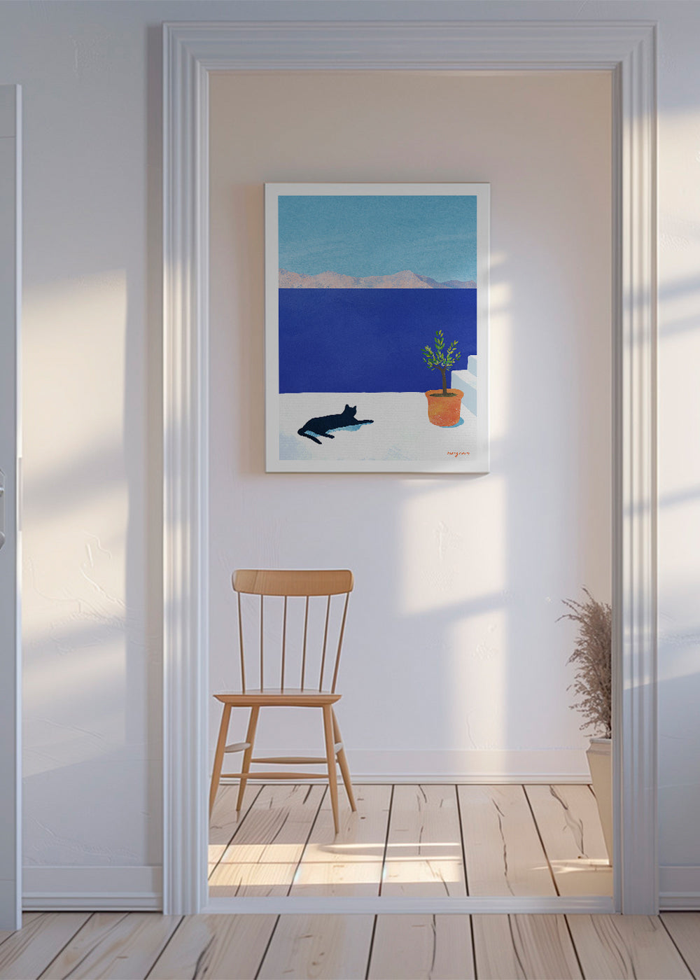 Landscape art Black cat - siesta on the roof