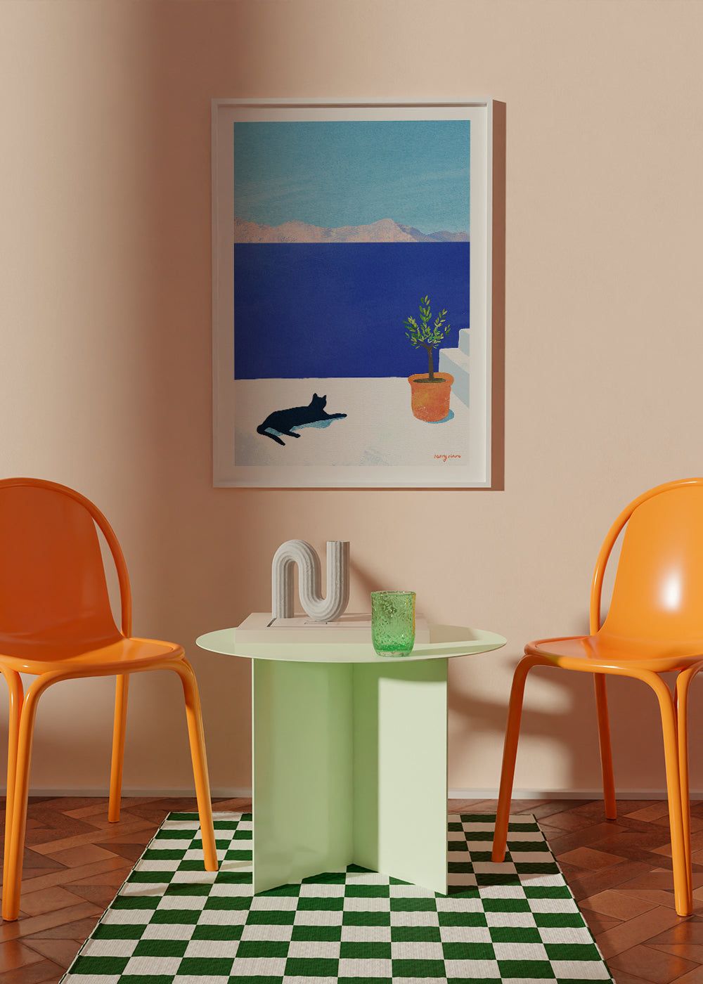 Landscape art Black cat - siesta on the roof