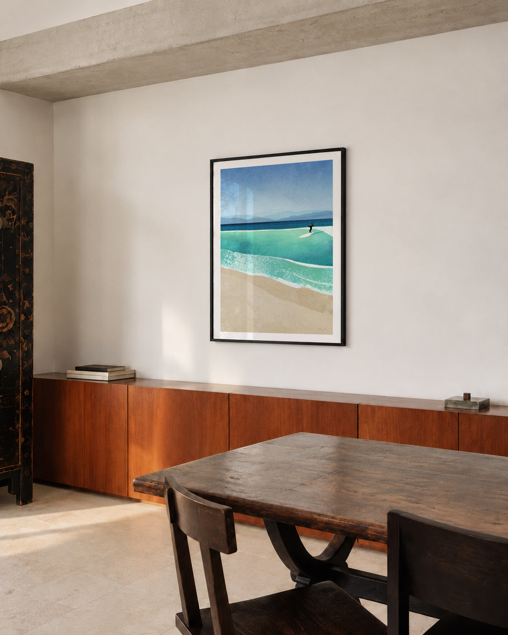 Surfing the perfect wave - Framed poster in an interior