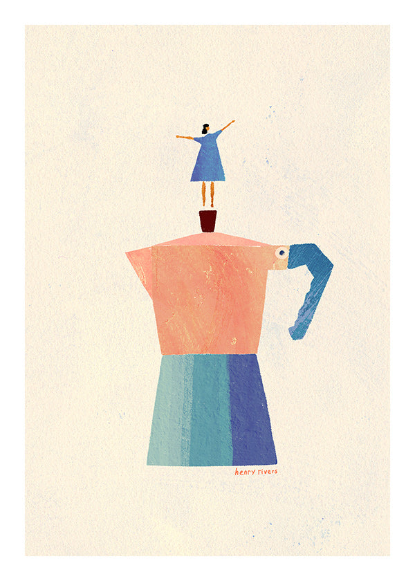 Cuadro de cocina con moka y figura en equilibrio