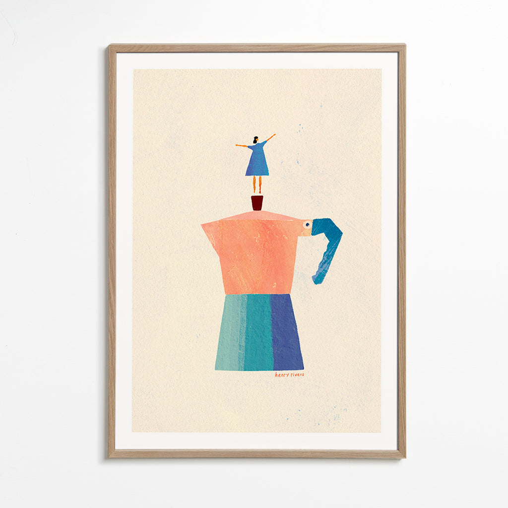 Cuadro de cocina con moka y figura en equilibrio – Oak Frame