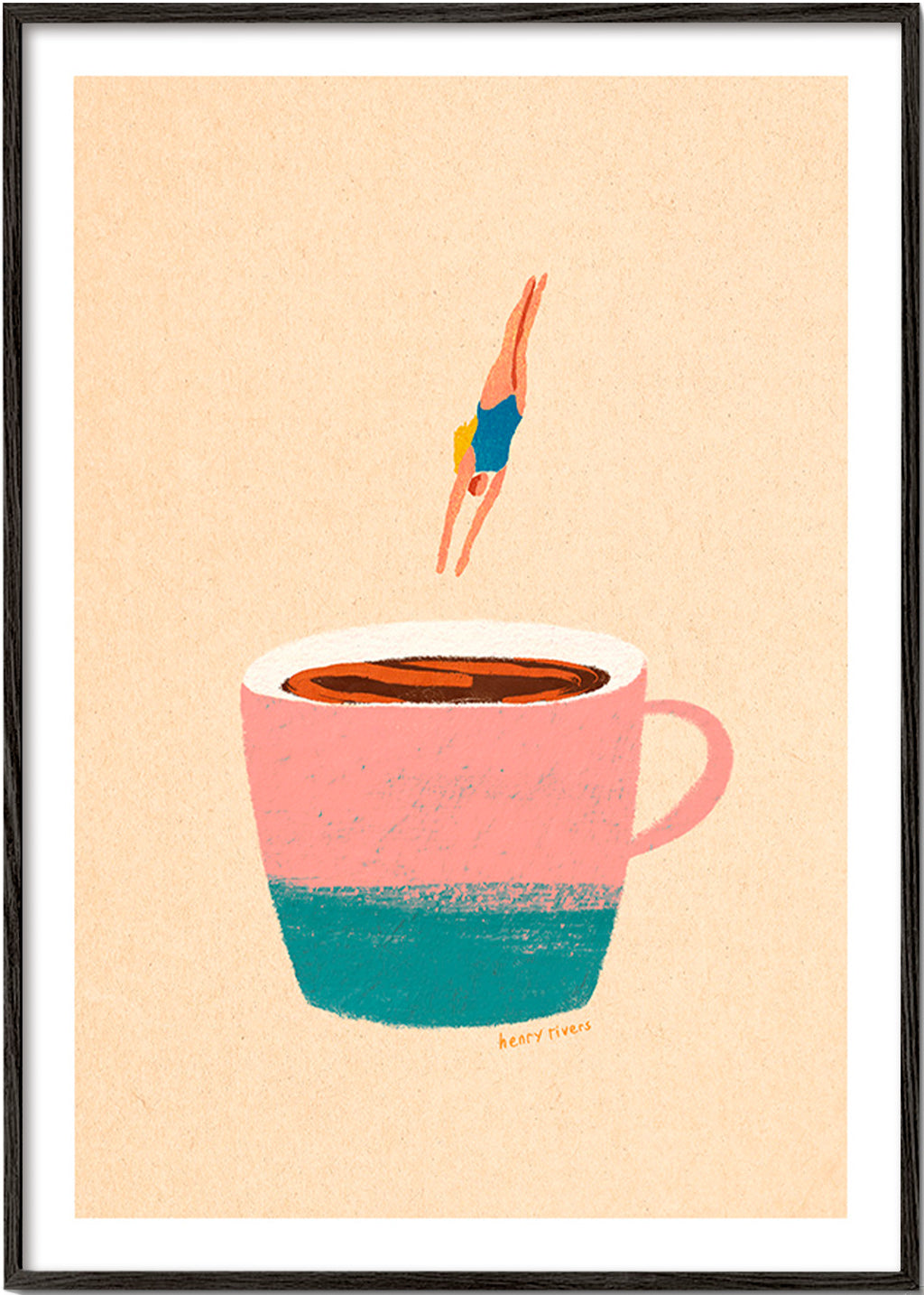 Kitchen art: pink cup with diver – Black Frame