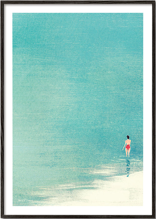 Landscape art: lone bather on calm horizon – Black Frame