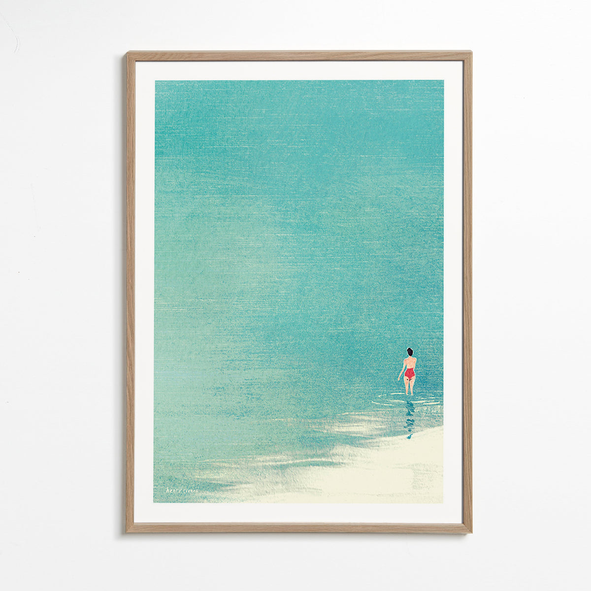 Cuadro de paisaje: bañista en horizonte sereno – Oak Frame