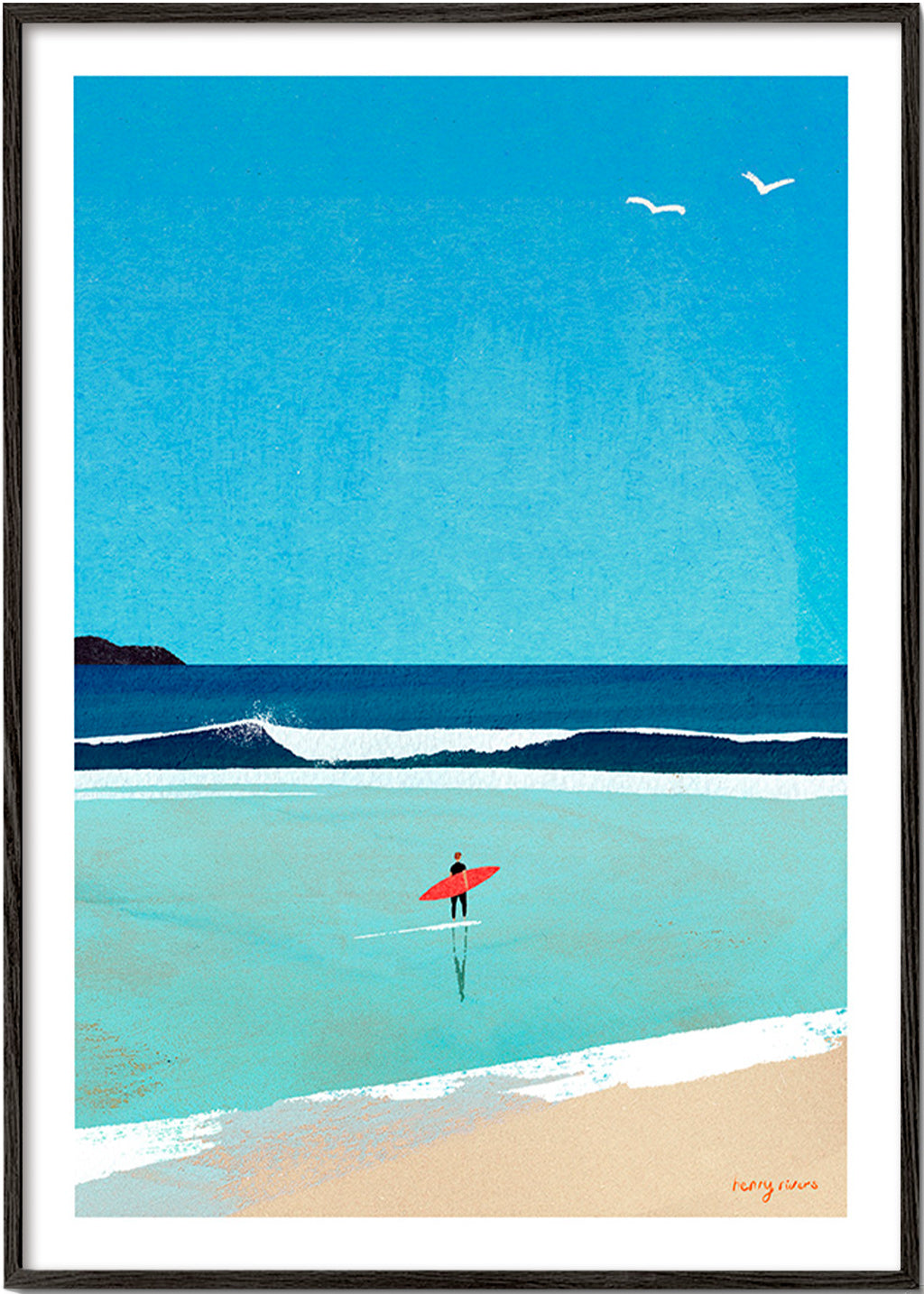 Cuadro deportivo: surfista en la orilla – Black Frame