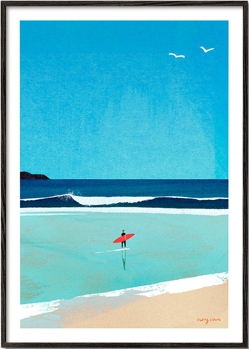 Cuadro deportivo: surfista en la orilla – Black Frame