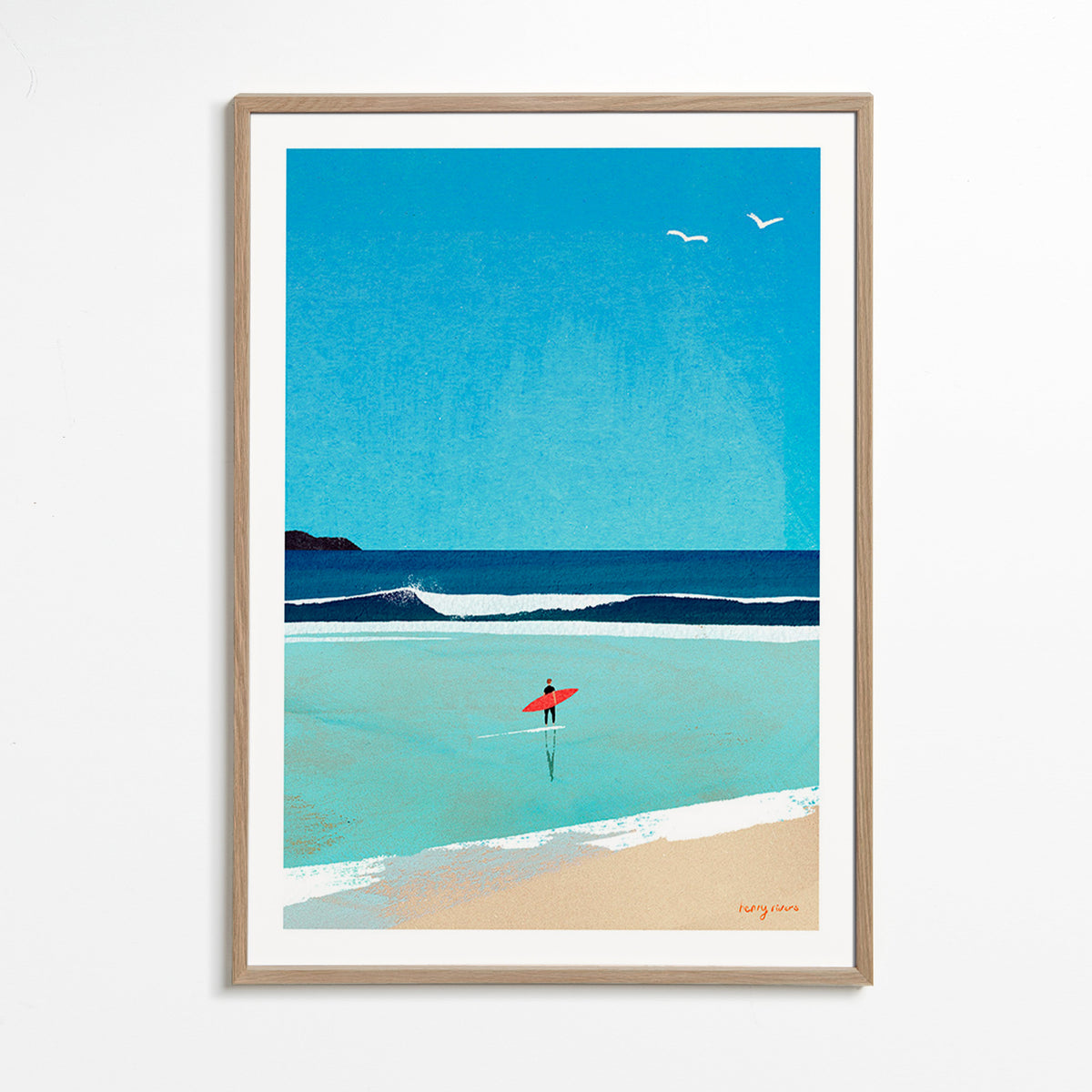 Cuadro deportivo: surfista en la orilla – Oak Frame