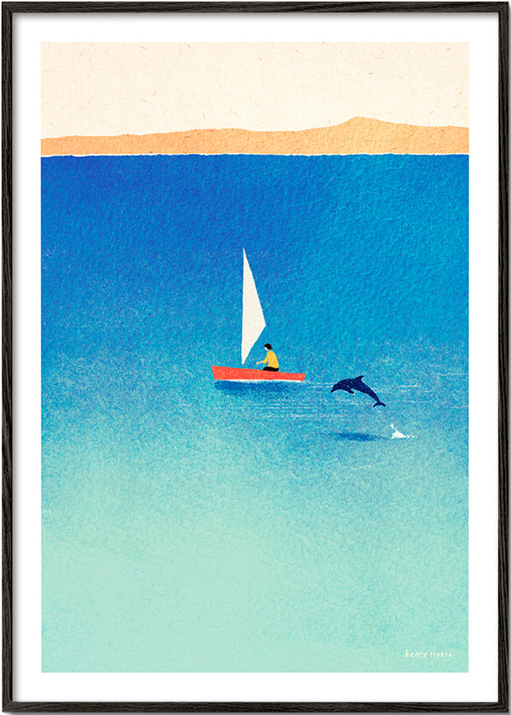 Artwork with dolphin and sailboat on blue sea – Black Frame