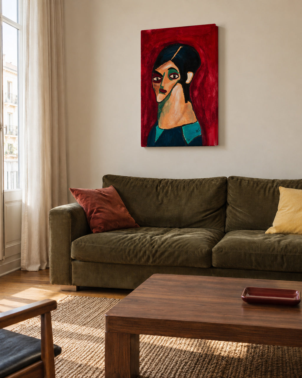 Ojos negros - Jesús Llorente - Unframed canvas in an interior