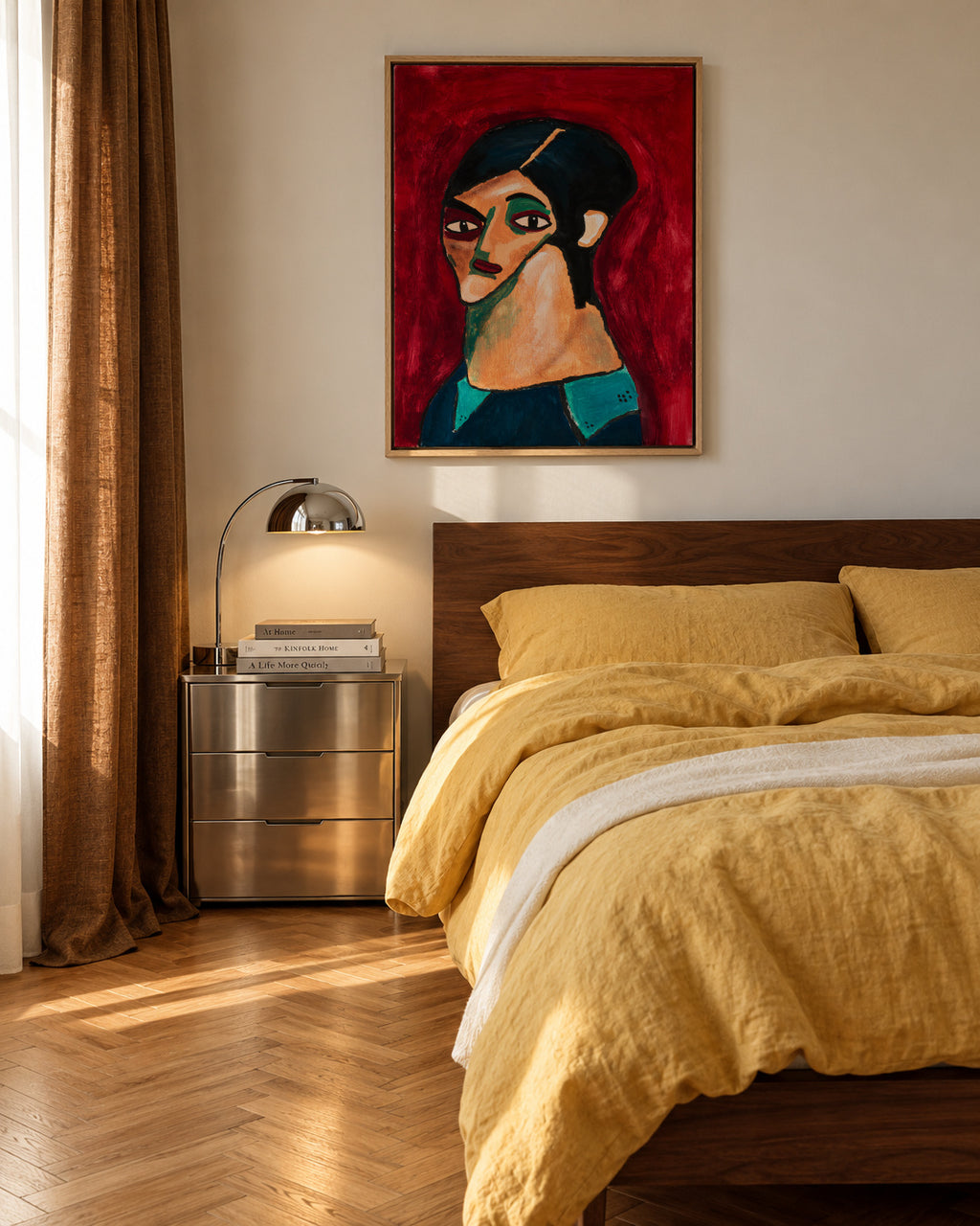 Ojos negros - Jesús Llorente - Framed canvas in an interior