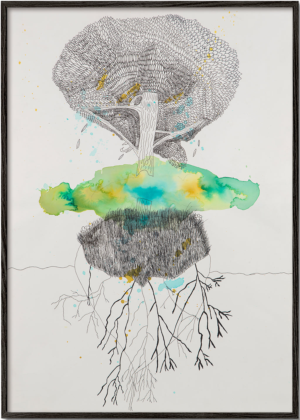 Lámina botánica árbol y raíces en tinta y acuarela – Black Frame