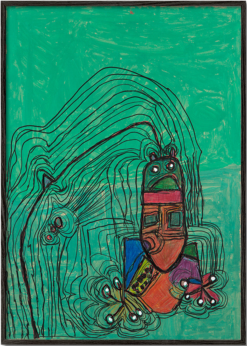 Playful illustration with character on green field – Black Frame