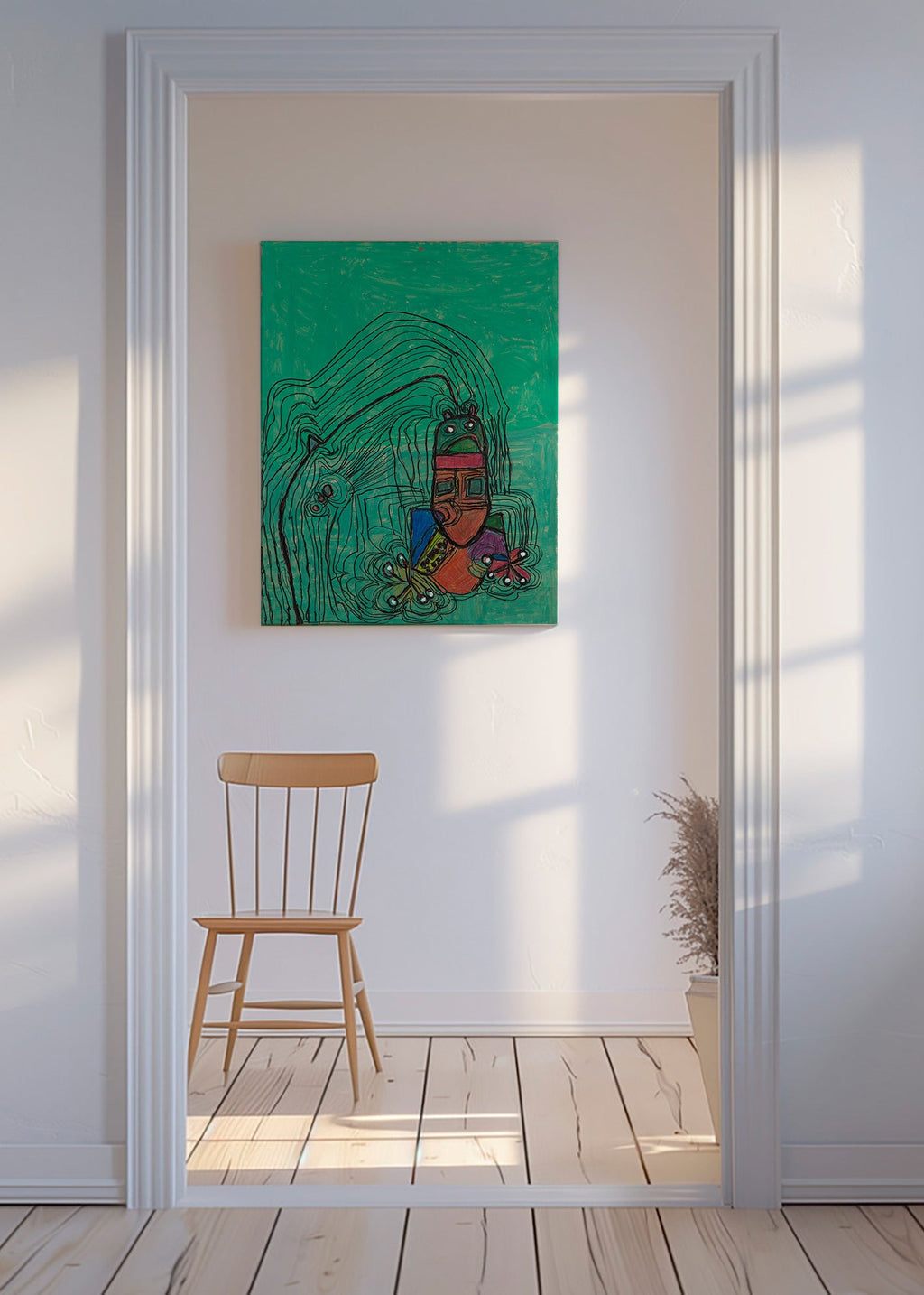 Playful illustration with character on green field – Canvas
