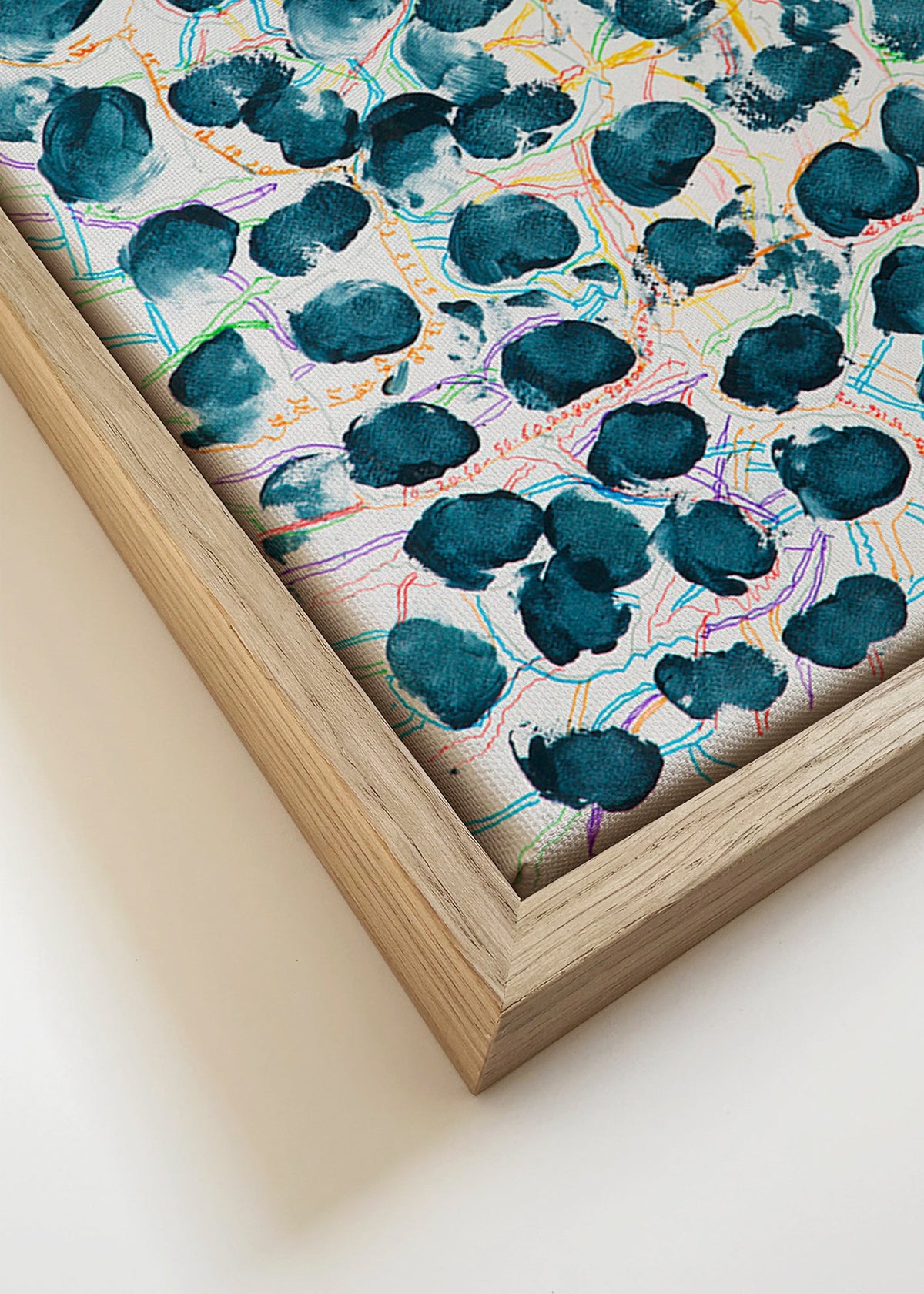 Abstract artwork with blue blotches – Canvas detail
