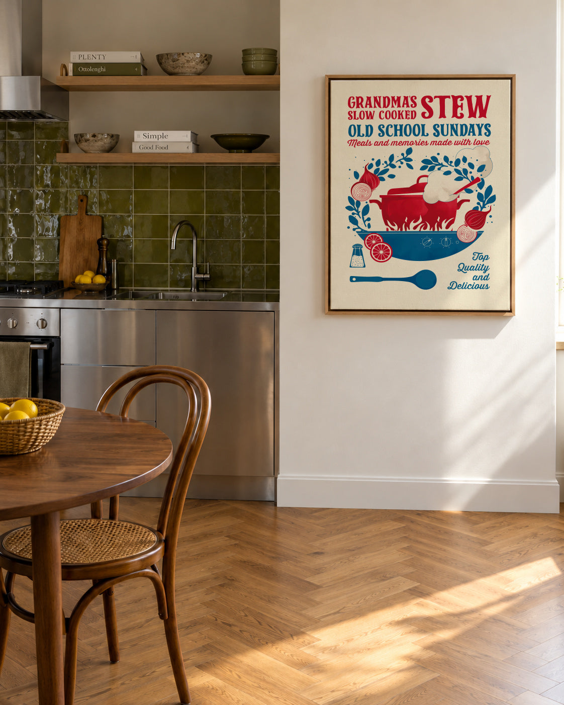 Grandmas Stew kitchen print - Framed canvas in an interior