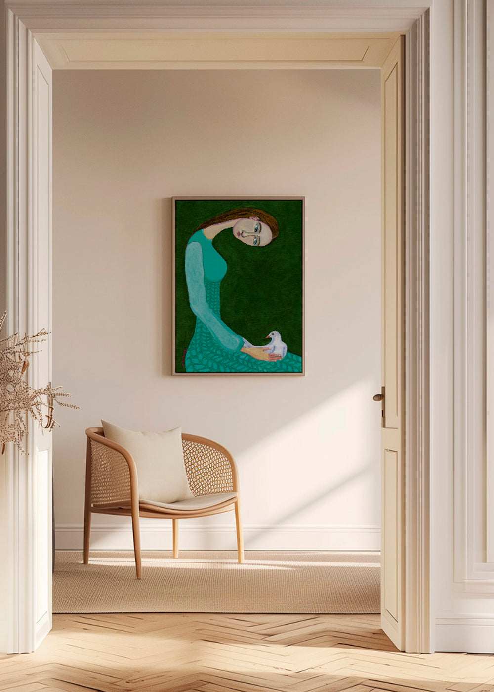 Lady sitting with white dove bird woman - Sharyn Bursic 