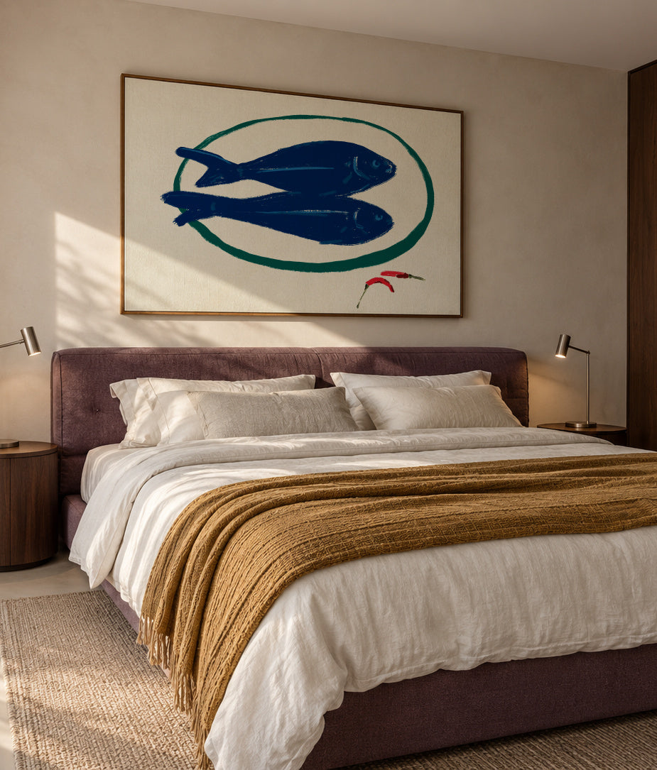 Blue fishes still life - Framed canvas in an interior