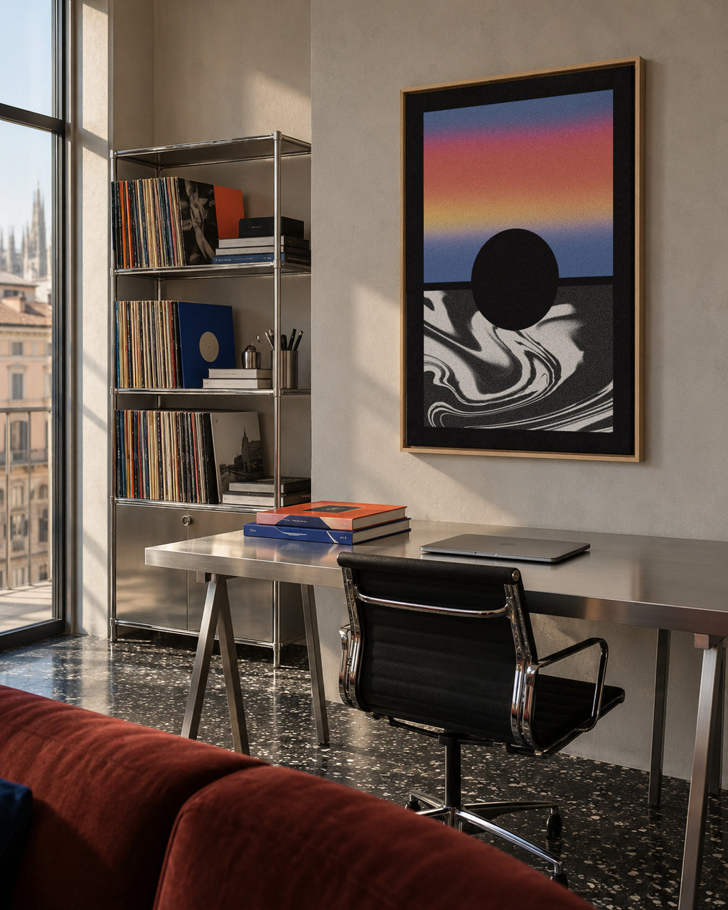 Black Worm Hole Gradient - Framed canvas in an interior