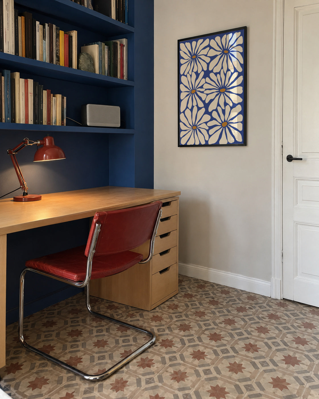 Sunny Floral Blue - Framed poster in an interior