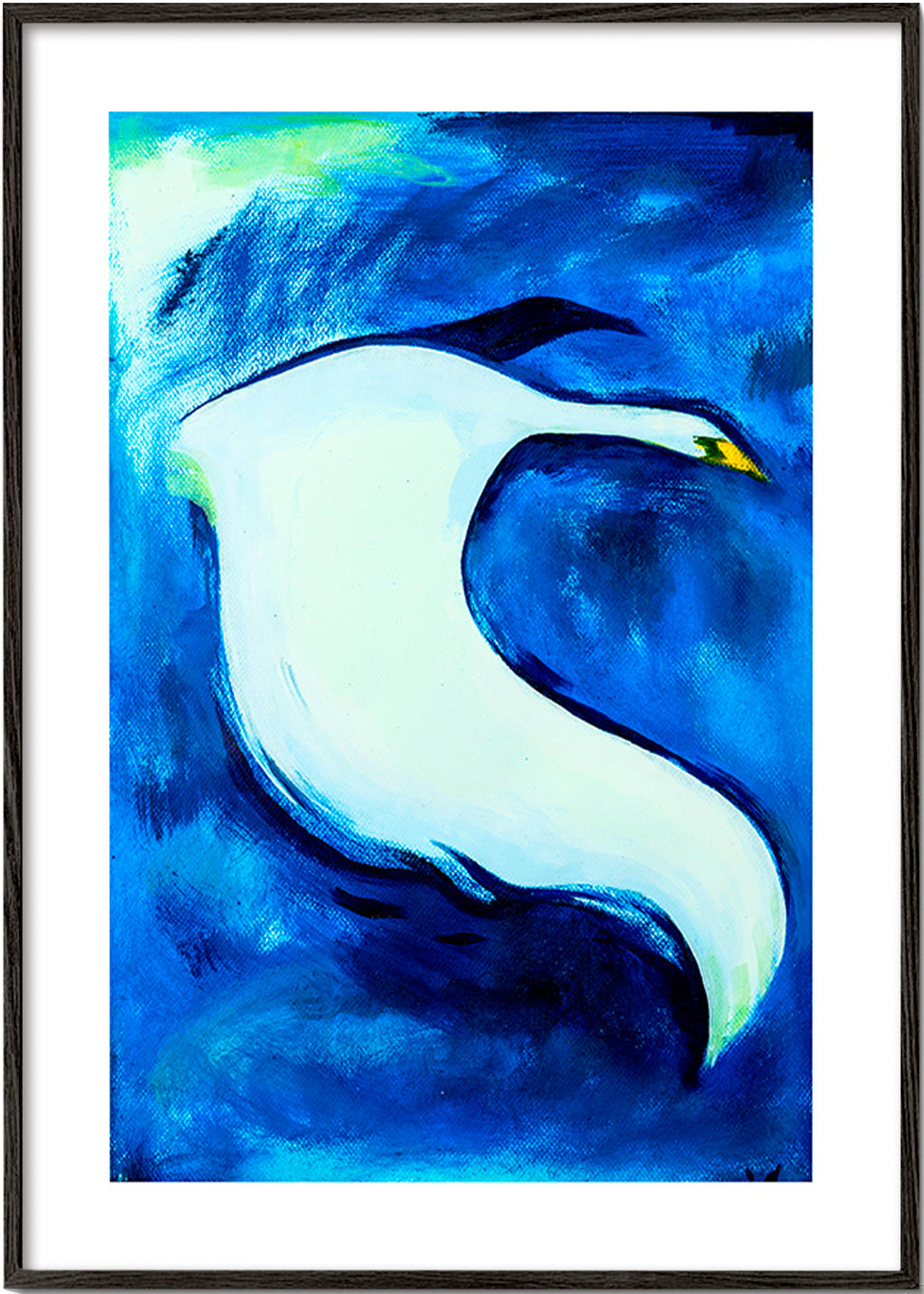Cuadro cisne blanco sobre fondo azul – Black Frame