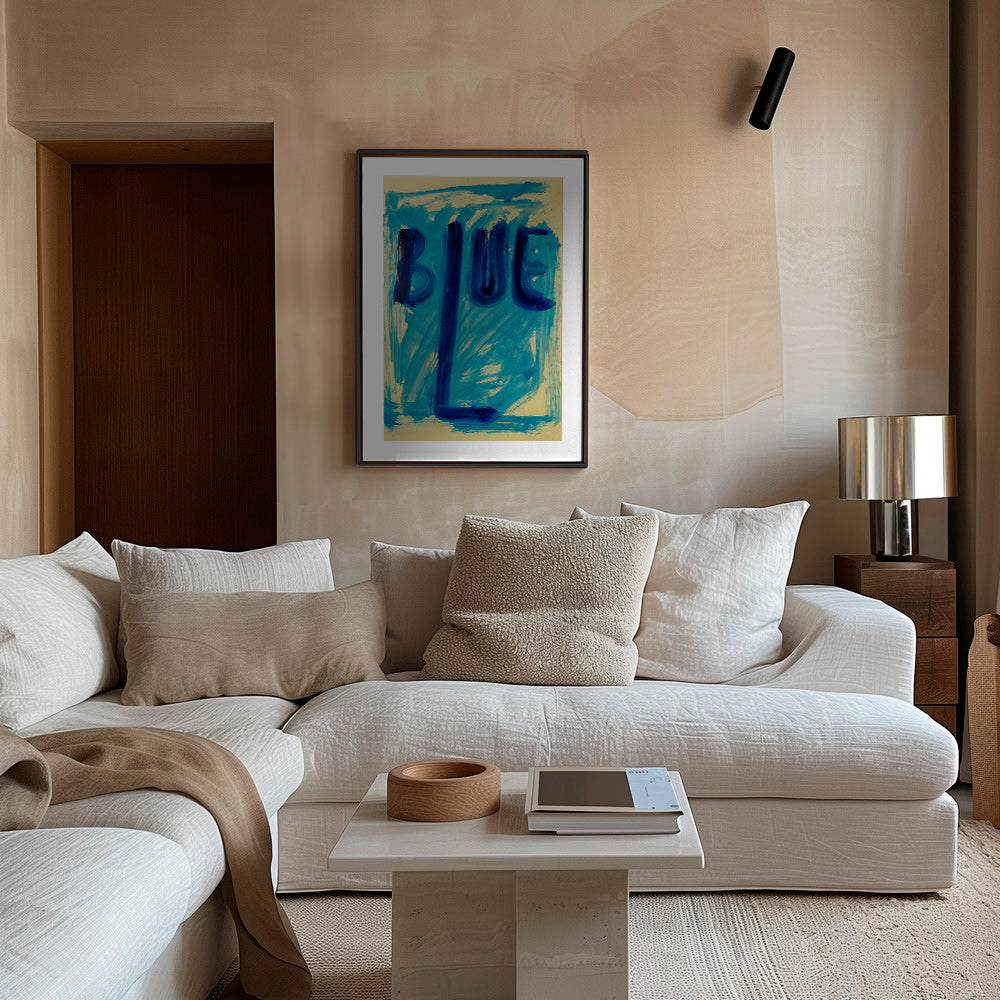 Cuadro abstracto con tipografía azul pintada a mano – Canvas1