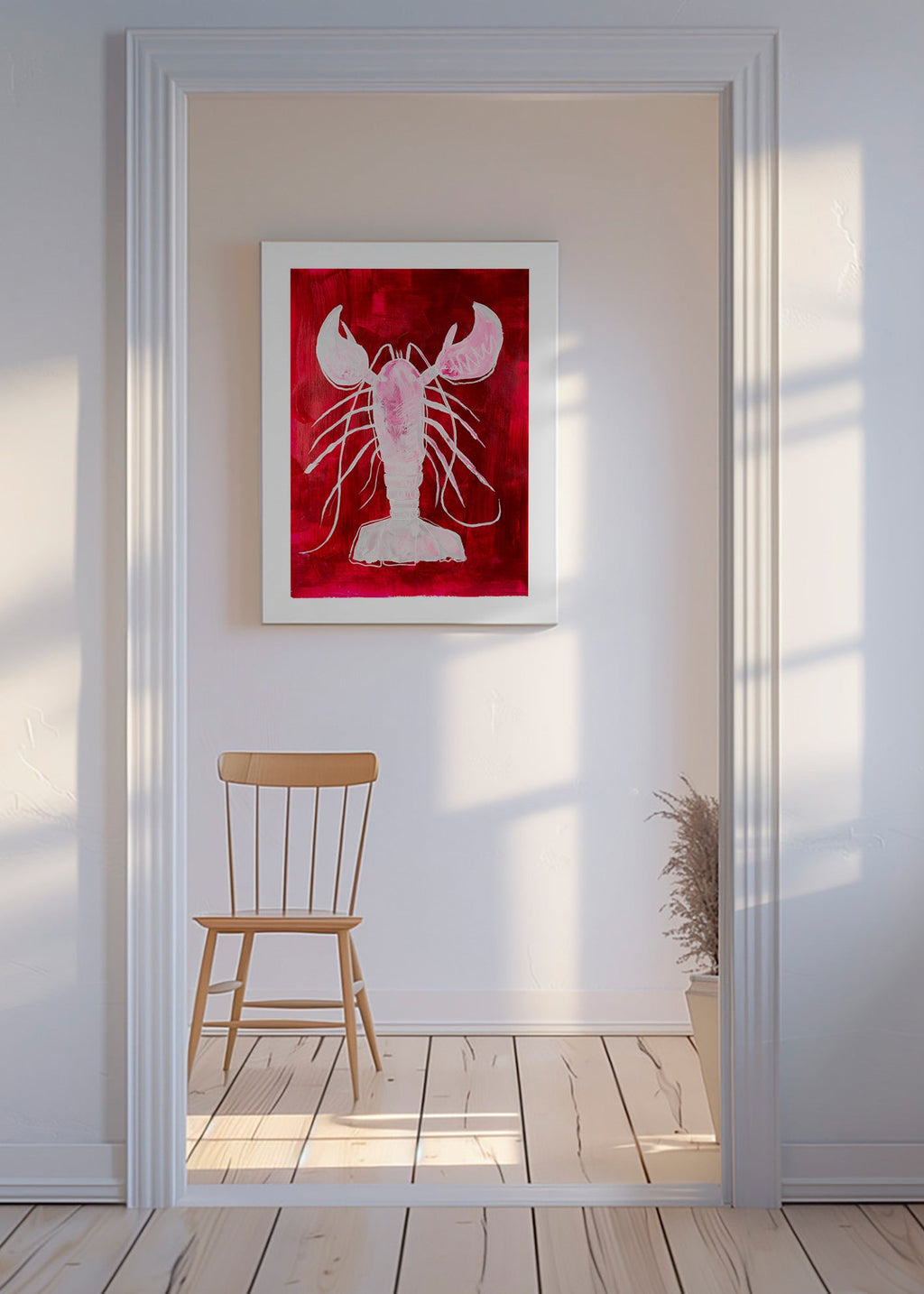 Cuadro de cocina: langosta blanca sobre fondo rojo – Canvas