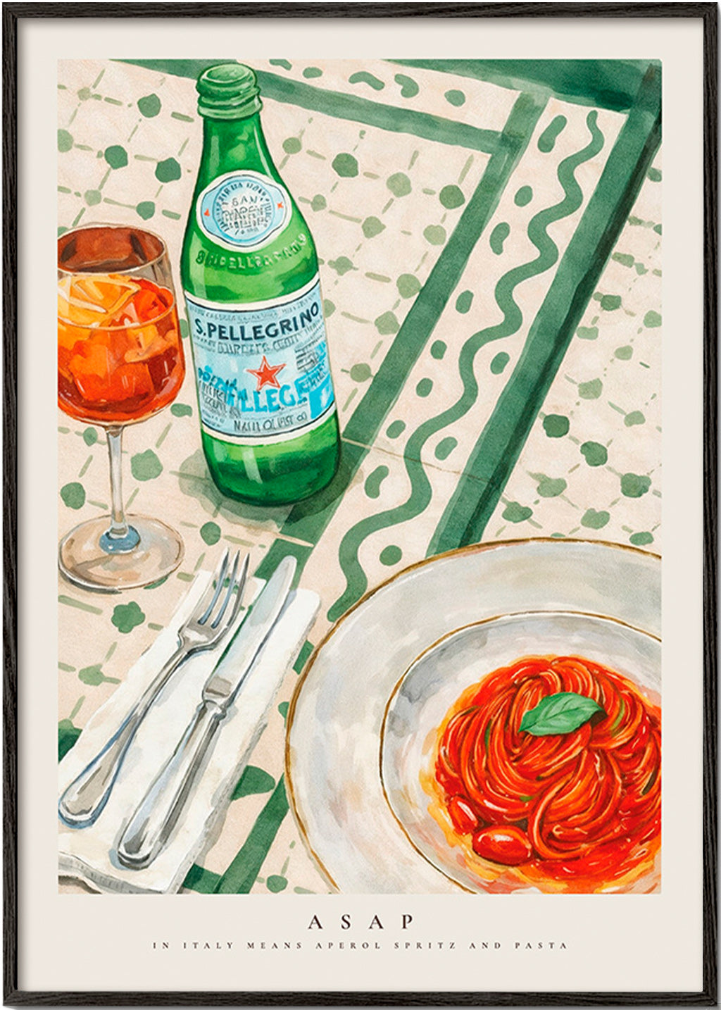 Cuadro de cocina Aperol Spritz y pasta – Black Frame
