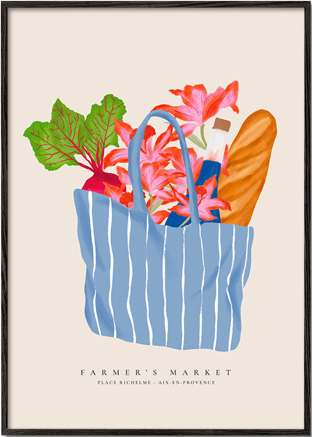 Cuadro de cocina con bolsa de mercado ilustrada – Black Frame