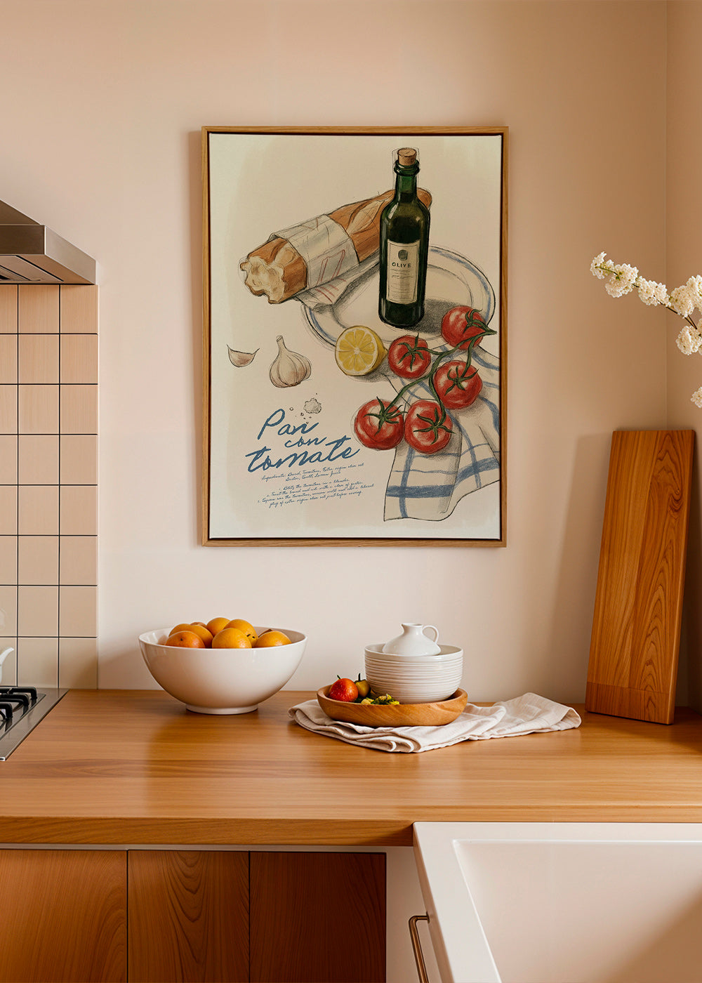 Kitchen art Tomato and bread illustration
