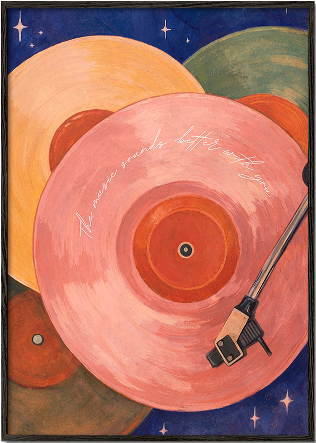 Ilustración vinilo rosa con brazo de tocadiscos – Black Frame